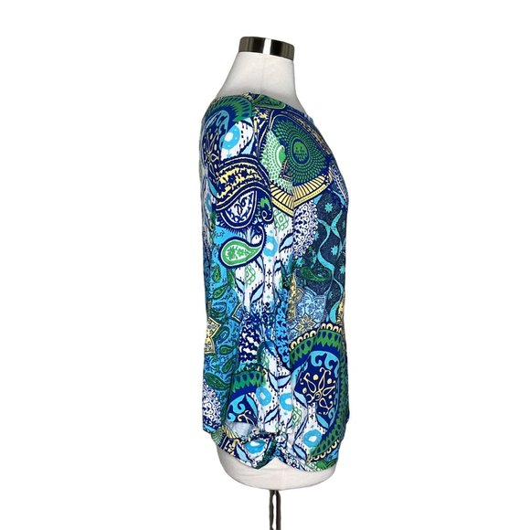 Chico’s 2 bell sleeve top paisley print blue green - Picture 2 of 9